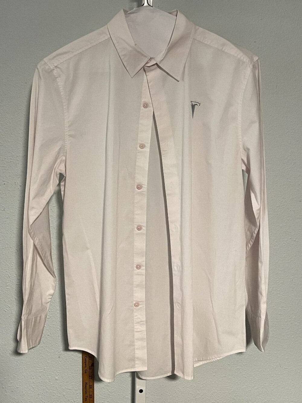 Tesla w Embroidered Silver Logo White Long-Sleeve Button-Up SZ Medium